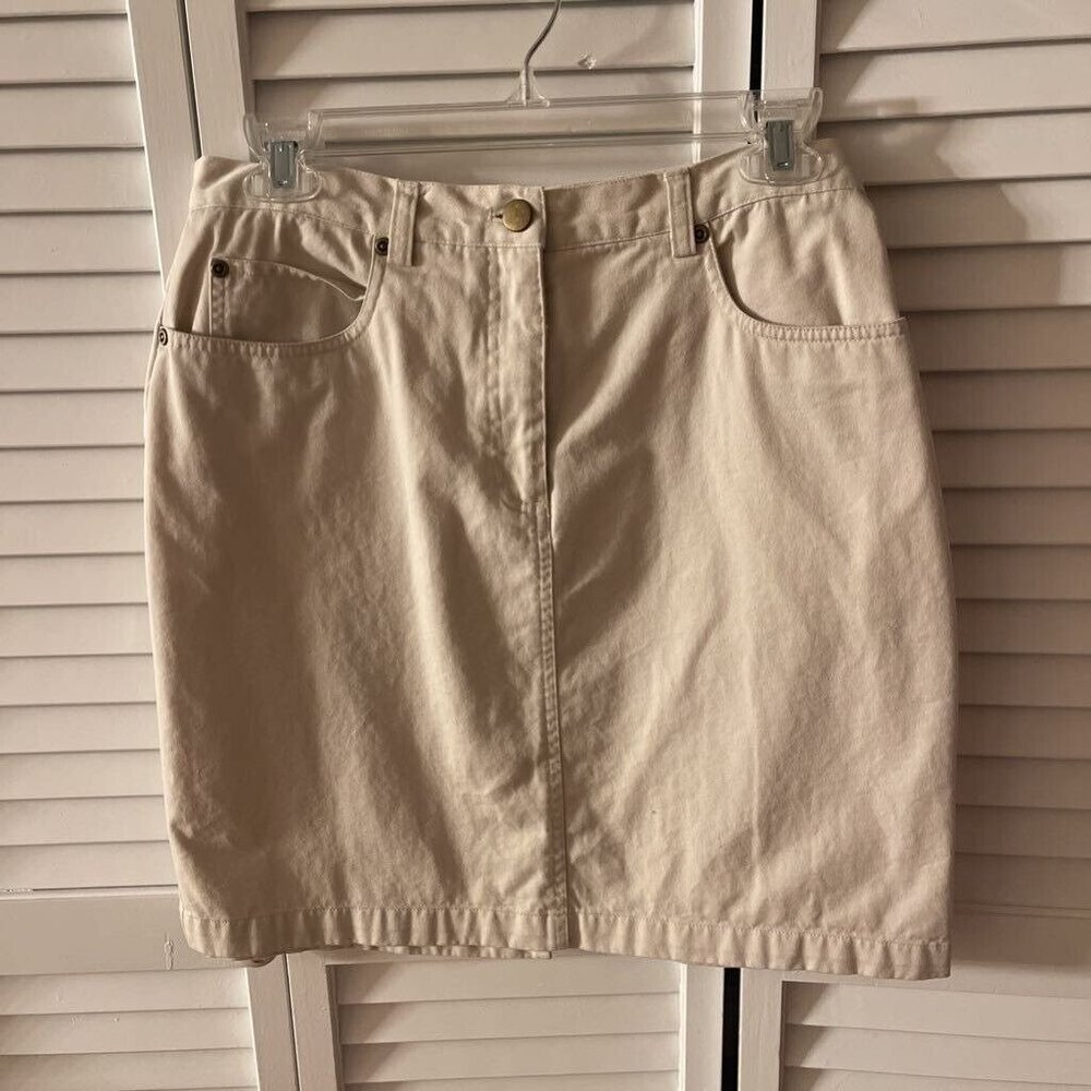 Petite Sophisticate Womens Denim Skirt Beige Back Slit Pockets 100% Cotton 10